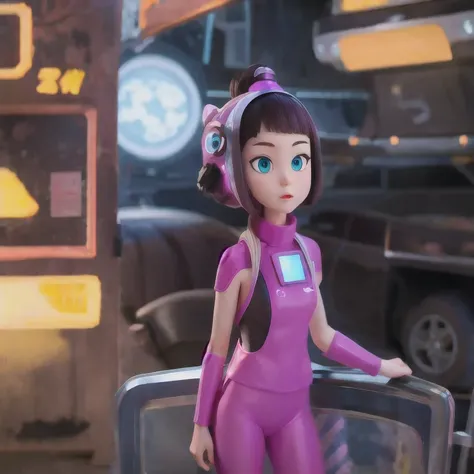 （（asian girl））（（（attractive neck）））still shot from movie （（（Telephoto Tilt-Shift）））photo of a college student, in Purple Pink, futuristic space suit, (Color tattoo:0.8) cute face, sci-fi, dystopian, detailed eyes, Heterochromia eyes（（Side view）），music fest...