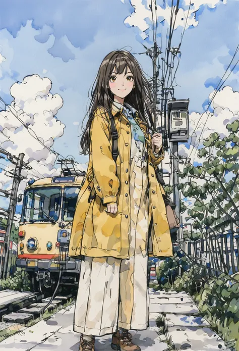 1girl, solo, long hair, brunette, outdoors, smile, sky, day, looking at viewer, bag, blue sky, clouds, ground vehicle, brown eyes, power cord, standing, yellow coat, telephone pole, white shirt