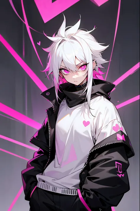 Anime boy, black and white hair, fluffy hair, neon pink eyes, heart shaped pupils, cyberpunk clothes, black and white clothes, piercings, cyberpunk mark,arms in pockets, serious face, upperbody