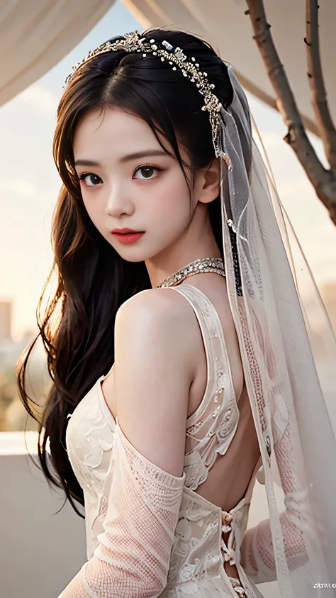 (best quality,4k,8k,highres,masterpiece:1.2),ultra-detailed,beautiful detailed eyes,beautiful detailed lips,extremely detailed eyes and face,long eyelashes,(concept artist:1.1),portrait,studio lighting,high-fashion wedding dress,Kim Jisoo as a supermodel b...