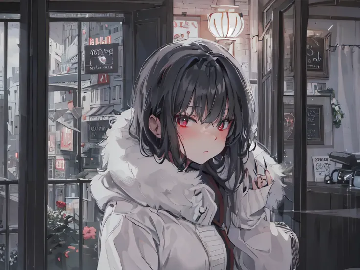 A dark-haired crimson eyes black mini skirt black sweater Black tights white fur coat in a house pension masterpiece Top image quality Clear cinematic shadow Increased attractiveness of the eyes Clear the shine of the eyes Draw eyelashes neatly Perfect E...