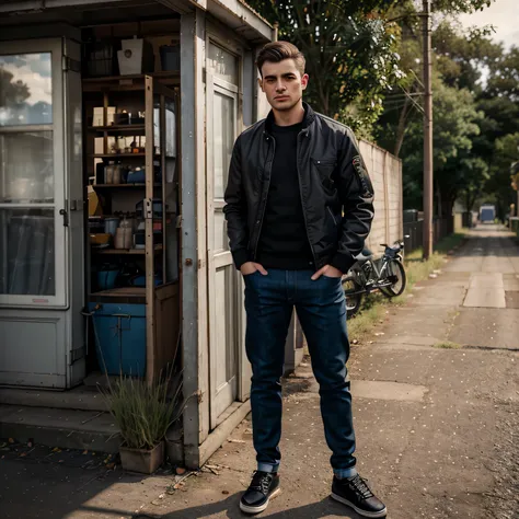 hyper-realistic, super detailed, photography, a man aged 25,  wearing a jacket, jeans, black shoes, full body, standing with his hands in his trouser pockets, roadside background