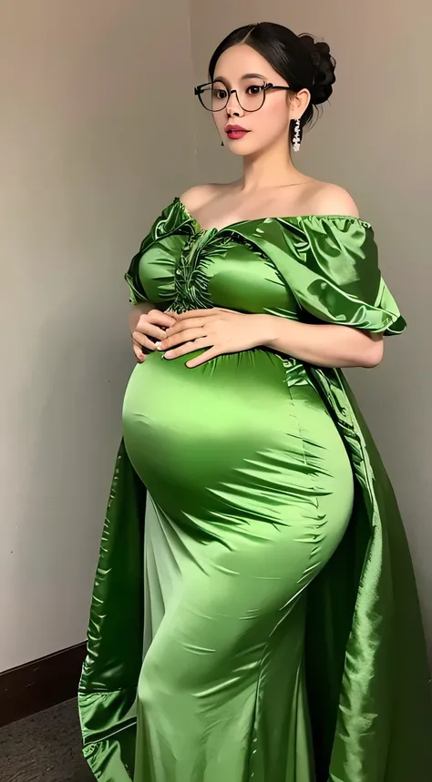 Boa_hancock, huge_breasts , best quality, ruffles_satin_dress , light_green_satin_dress , big_ass , pregnant , wearing glasses , big pregnant , off the shoulder dress ,