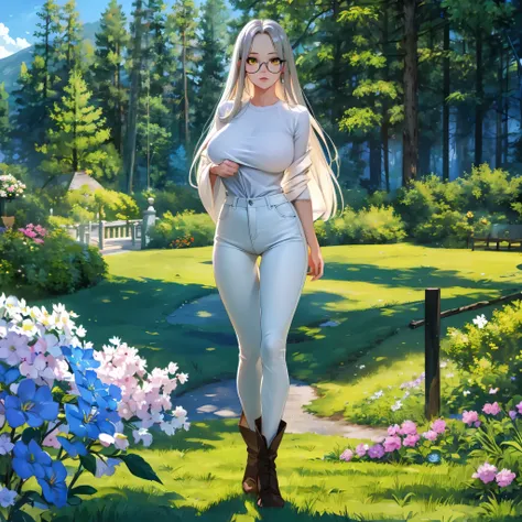 A woman with long silver hair, yellow eyes, wearing a white sweater, tight jeans, black boots, wearing glasses, walking along the path of a very sophisticated garden, pine trees, mountain background, daytime location, shade of trees,full body, surrealism, ...