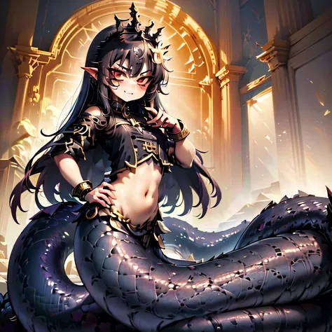 (superflat, flat shading),lamia queen\(cute,kawaii,small kid,geeky feel,black scales,arrogant and sharp gaze,intimidating postur...