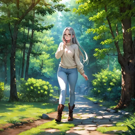 A woman with long silver hair, yellow eyes, wearing a white sweater, tight jeans, black boots, wearing glasses, walking along the path of a very sophisticated garden, pine trees, mountain background, daytime location, shade of trees,full body, surrealism, ...