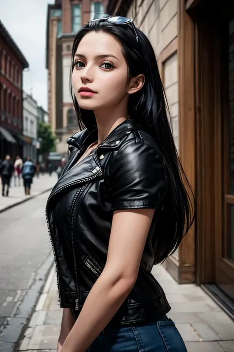 masterpiece, highest quality, Very detailed, Surreal:1.1, Realistic, Beautiful Russian model in her 20s, Very detailedな顔:1.1, Black Hair, Black leather jacket, river, city, Half-laugh, Put your index finger over your mouth
