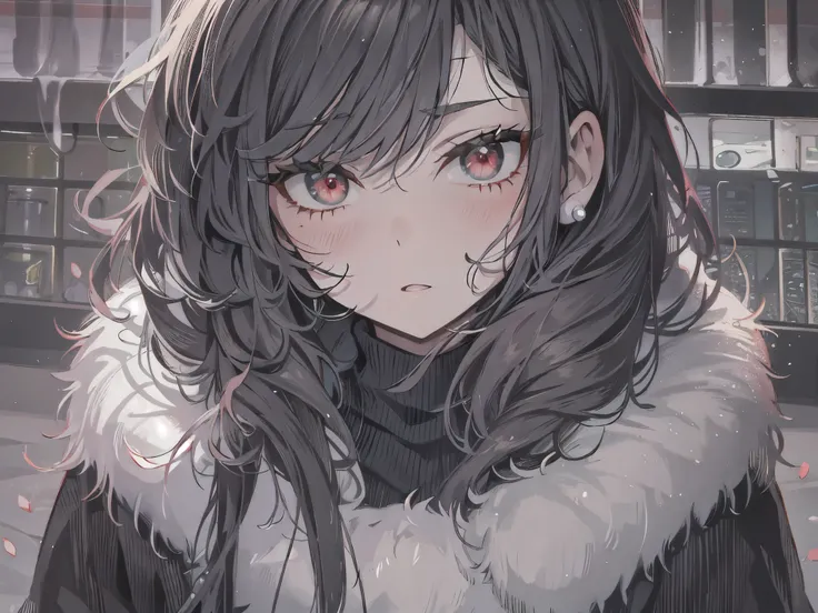 A dark-haired, crimson eyes, black mini skirt, black sweater, Black tights, white fur coat, in a house, pension, masterpiece, Top image quality, Clear, cinematic shadow, Increased attractiveness of the eyes, Clear the shine of the eyes, Draw eyelashes neat...