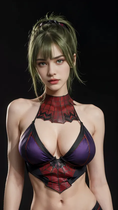 8K, Top Quality, Intricate Details, Ultra Detail, Ultra High Resolution, Masterpiece, close up shot, (full body: 1.1), Slender, Smile, (Makeup: 0.4), (Fluffy purple Eyes: 1.21), (()), 1girl, solo, 1 girl, ((green hair, bangs, high ponytail)), close up shot...