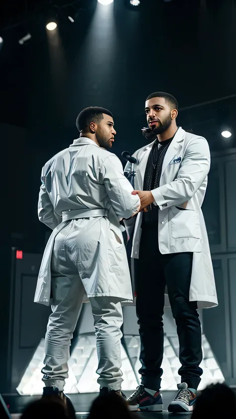 Drake the rapper with the largest ass ever bulging from his pants standing next to a doctor. The doctor is wearing a white coat of a doctor. They are both standing on a large stage with dazzling lights. SFW