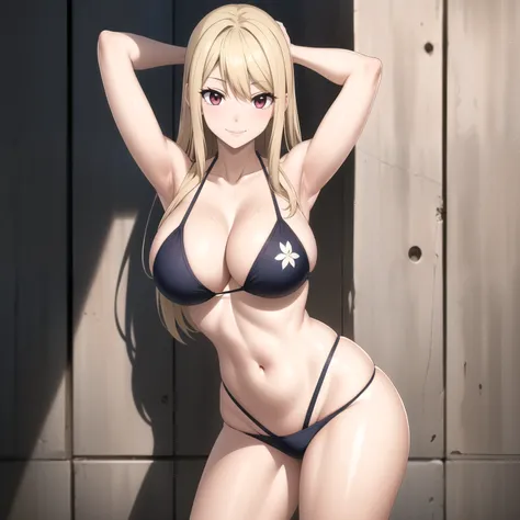 Lucy Heartfilia, mujer. cabello ruio, ojos cafes, pechos grandes, sonrisa coqueta, bikini rosado sexy, manos en la cabeza. apoyada en una pared, hands behind head.