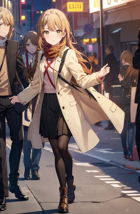 irohaisshiki, Isshiki Iroha, Long Hair, Brown Hair, (Brown eyes:1.5), smile,blush,Yellow long coat,sweater,Red scarf,Black long skirt,Black pantyhose,short boots,walking,winter,it&#39;s snowing,whole bodyがイラストに入るように,
break outdoor, In town,Building distric...