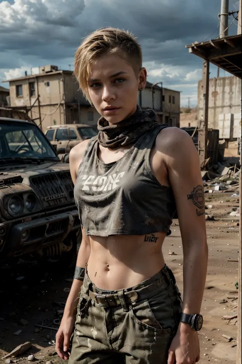 Masterpiece, portrait of a beautiful 18 years old american girl in a post-apocalyptic wilderness, punk blonde short hair shaved on sides, blue-grey eyes, very dirty pale skin, high detailed skin, tense face, dramatic face, tough face, wearing military pant...