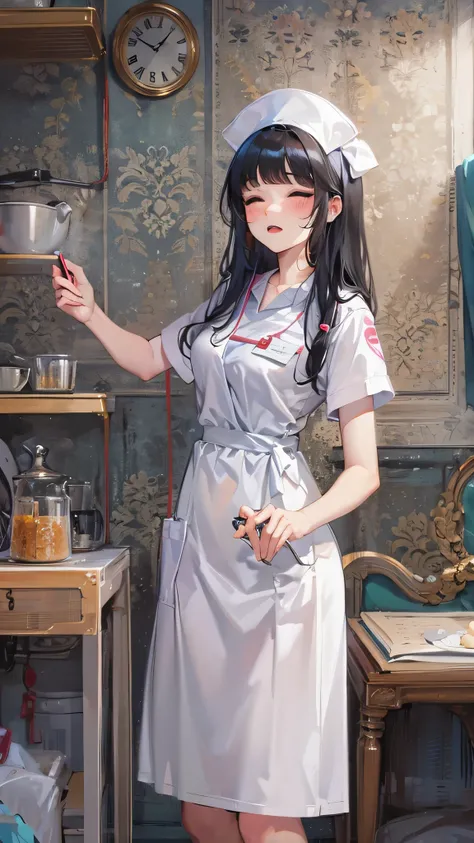  a mens pov:1.4, (Nursing style) solo:1.3 ((blunt bangs)) (black hair long hair cute girl, 15 yo, sexy closed eyes, Worried face), (hand holding a spoon, in porridge spoon), (in a cute Nurse uniform, in the bedroom), BREAK, perfect anatomy, masterpiece, be...