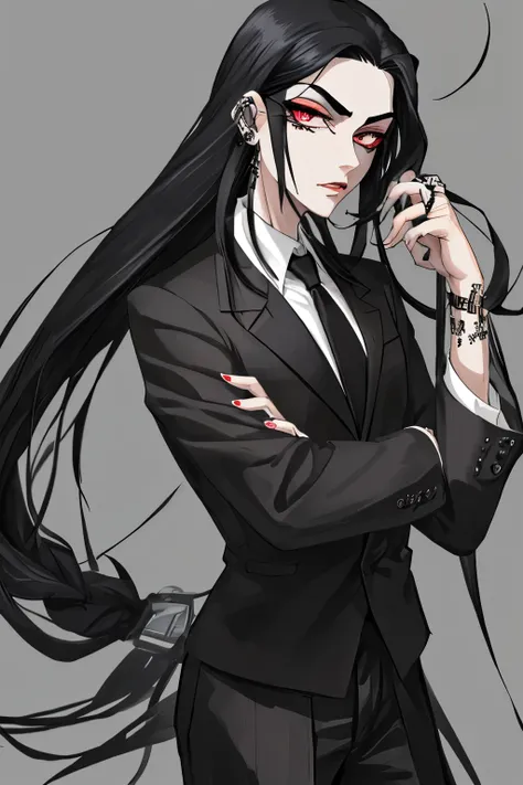 mobster, long black hair with elastic, eyebrow piercing 