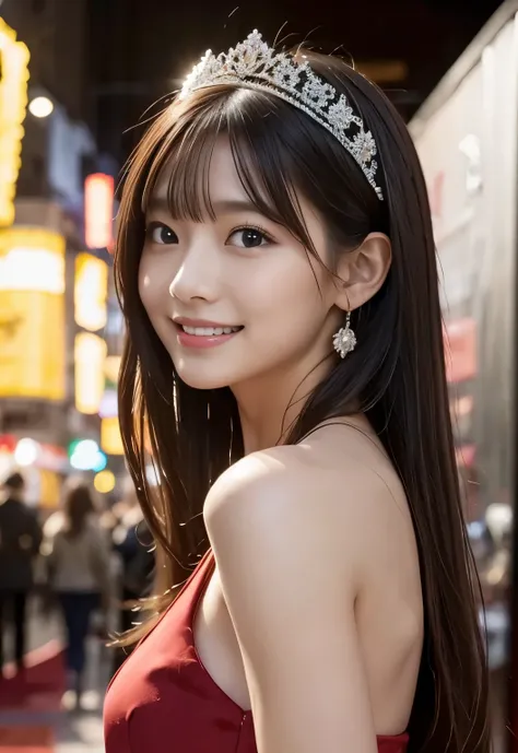 masterpiece, best quality:1.1), (8k, raw photo, photo realistic:1.2, f22), (shiny skin), detailed skin,long hair,detailed face, detailed eyes,smile,BREAK, real world, intricate details, smil, BREAK, 1girl, full body,(dress,tiara,)BREAK, (red carpet:1.4)