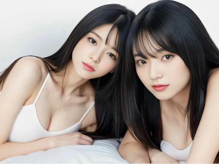 (Two clone twin hair models photographed from the knees up in the same space) 　((Two girls are lying down and hugging each other on a white bed.:1.6))　(They are are the same clone)　((They try to show off their hair as much as possible.,))　((Beautiful 18-ye...