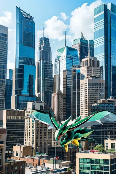 This is an image of the Pokémon Rayquaza flying against the backdrop of city buildings.。The images are carefully drawn with great detail、Rayquaza and the cityscape are very realistic.。It is a vivid color。 Please draw Rayquaza larger。All images are of the s...