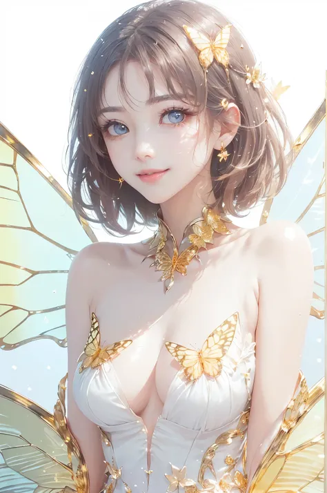 (masterpiece、highest quality、highest quality、Beautiful and beautiful:1.2)、(Good anatomy:1.5)、Focus on the eyes、Painting of a girl with milky white hair、Translucent gold butterfly costume、Jewelry Tiara，Gold butterfly wings，Adorable smile、looking at the came...