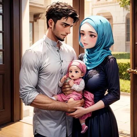 Muslim husband and wife holding their baby 