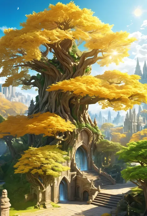 An unparalleled masterpiece, 16k, Super detailed, Approaching perfection, (Manga style:1.3) | Huge Magical (Elven World Tree) In the ancient elven city. | The World Tree (expensive), The branches stretch out towards the sky and shine brightly. ((Golden lea...