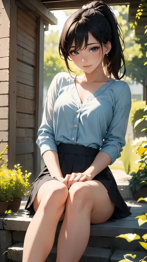 Girl In The Garden,Feel the summer sunshine,Black-haired,Ponytail and mini skirt,Stand with your feet apart、. (highest quality,4K,8k,High resolution,masterpiece:1.2),Very detailed,(Realistic,photoRealistic,photo-Realistic:1.37),figure,Beautiful fine detail...