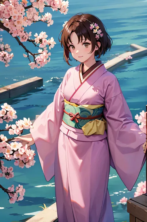 One Girl、solo、9-year-old girl、Facing the viewer head-on、The whole body is shown、The background is an old Japanese townscape.、Edo Period、Cherry blossom trees、Wearing a light pink kimono、kimono、Brown Hair、brown hair、brown eye、Cute Girls、anime、（（Masterpiece））...