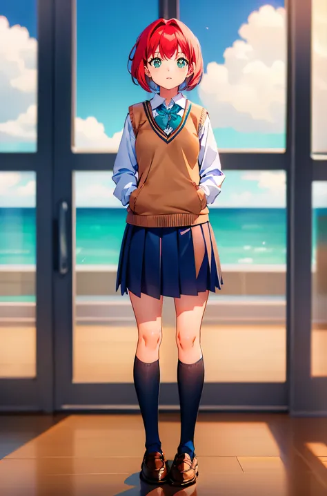 blurry, depth of field, blurry background, blurry foreground, rating:safe, 1girl, cloud, classroom, blue sky, sky, skirt, shoes,...