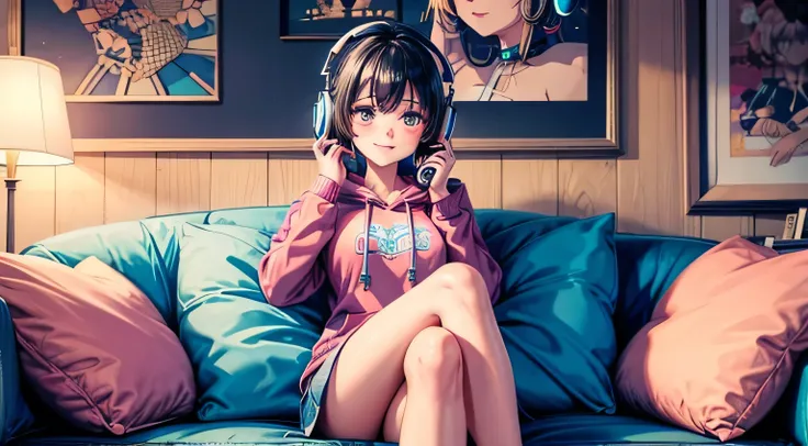 highest quality, 4k wallpaper, masterpiece, Very detailed CG Unity 8k wallpaper, Very fine grain, Very detailed, Intricate details, Close-up of one happy girl in the center, Retro art style, neon_Pop Art Style, indoor,Relax on the sofa,I have headphones on...