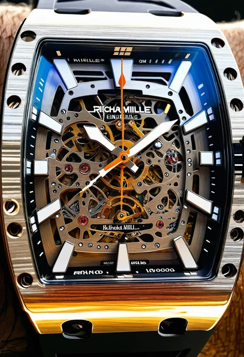 the most famous richard mille with an artistic touch focusing on details lights and materials | very clock face visible