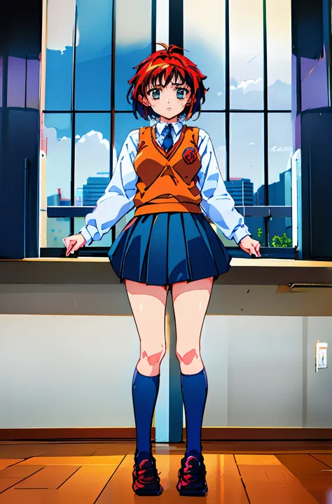 blurry, depth of field, blurry background, blurry foreground, rating:safe, 1girl, cloud, classroom, blue sky, sky, skirt, shoes,...