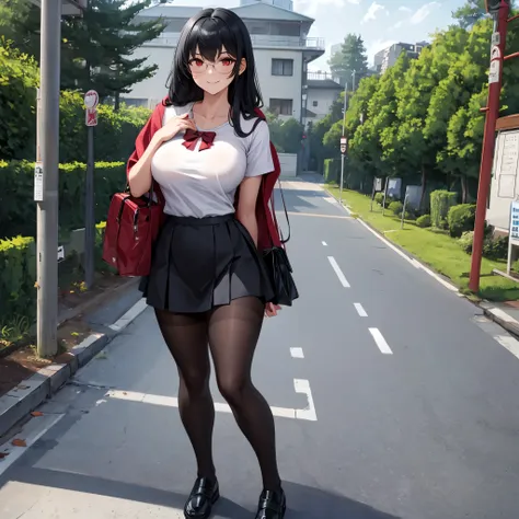 a woman with red hood, white t-shirt, black tights, bow on t-shirt, black skirt, big breasts, red eyes, long black hair, full bo...