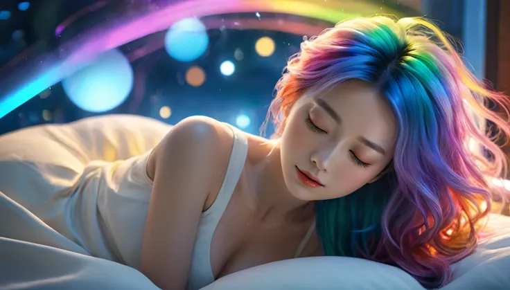 (best quality,8k,ultra-detailed:1.2),(CG,CG art,3D rendering),(masterpiece:1.2),（Sexy clothing），(movie lighting,futuristic),(woman lying in bed,sleeping,closed eyes),(large window behind her,tranquil night),(colorful hair:1.5)