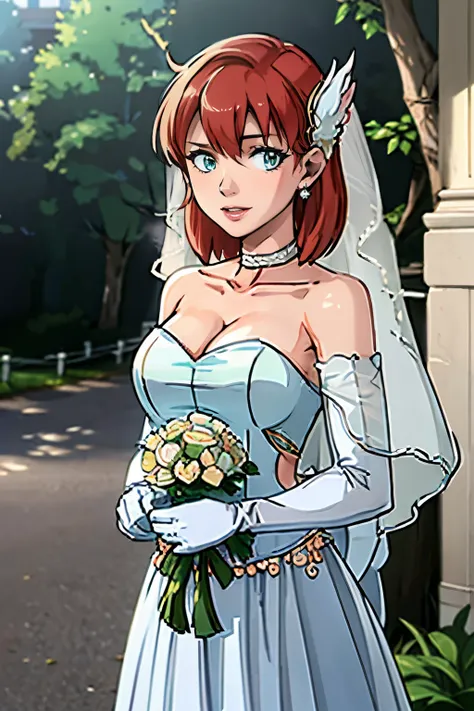 1girl, solo,Priscilla fe, crown,earrings ,lipstick, eye shadow, makeup, hair between eyes, ahoge, hair ornament, gloves, dress, cleavage, bare shoulders, collarbone, white oprea gloves, white gloves, white dress, strapless, white choker, tiara, veil, strap...