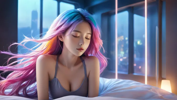 (best quality,8k,ultra-detailed:1.2),(CG,CG art,3D rendering),(masterpiece:1.2),（Sexy clothing），(movie lighting,futuristic),(woman lying in bed,sleeping,closed eyes),(large window behind her,tranquil night),(colorful hair:1.5)