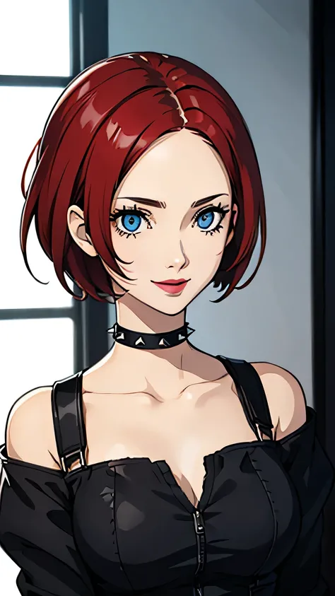 1 girl, blue eyes, very Short hair, black choker, lipstick, half body, smile, red hair, medium breast, spiked hair