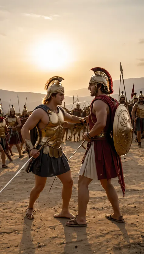 with high-definition images、legendary greek hero achilles engages in an epic duel with noble trojan hero hector、witness awe-insp...