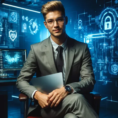 Professional photography masterpiece with 1 model: a confident, mysterious man in modern suit casual trendy attire, 20 years old, short blonde taper fade haircut, wearing trendy eyeglasses, with a subtle smile, looking happy, holding a notebook with silver...