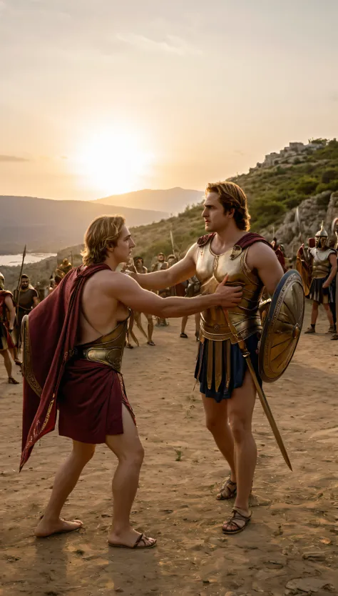 with high-definition images、legendary greek hero achilles engages in an epic duel with noble trojan hero hector、witness awe-insp...