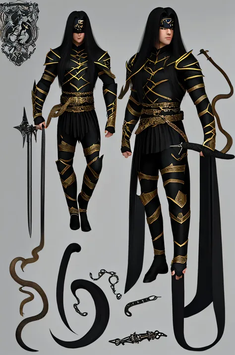 male, snake tail as legs, long black hair, sharp snake eyes, jinlge bells on tail,