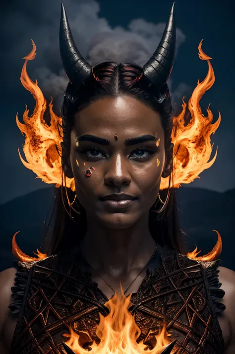 best quality,4k,highres,masterpiece:1.2,ultra-detailed,realistic:1.37,portrait,fiery color tones,dramatic lighting,detailed fiery horns,lava-like skin texture,glowing eyes,breathtaking background,volcanic scenery,ethereal and mysterious atmosphere,sharp fo...