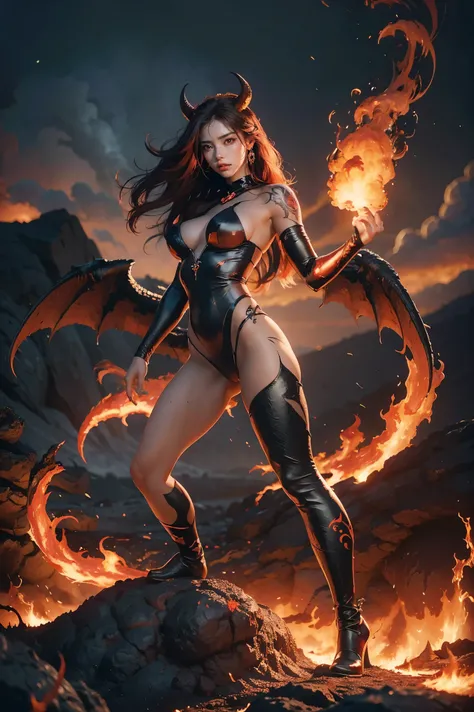 best quality,4k,highres,masterpiece:1.2,ultra-detailed,realistic:1.37,fullbody,fiery color tones,dramatic lighting,detailed fiery horns,lava-like skin texture,glowing eyes,breathtaking background,volcanic scenery,ethereal and mysterious atmosphere,sharp fo...