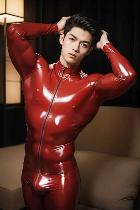 Japan man，man,youth，Best quality, crisp quality, Masterpiece, Highest resolution, Highly detailed, super tight Red latex suit, Handsome muscular young teenage boy, standing backward, showing his huge muscular butt，