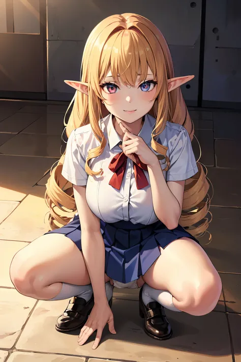 1girl, elinalise, elf, pointy ears, red eyes, blonde hair, hair drills,medium breast, 
BREAK (skirt, shirt, ribbon, , white shirt, short sleeves, pleated skirt, shoes, socks, blue skirt, white socks, collared shirt, red ribbon:1.2)
BREAK Cute underwear、Upp...