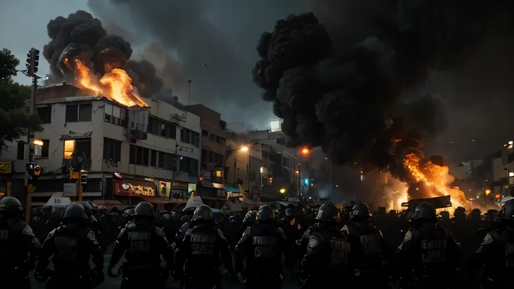 Under black and greasy skys, chaos erupts in the streets as protestors clash with riot police in a violent confrontation. Molotov cocktails arc through the air, shattering windows and igniting fires. Tear gas fills the air, obscuring the faces of both the ...