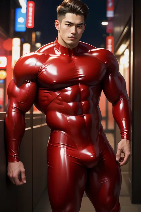 Japan man，man,youth，Best quality, crisp quality, Masterpiece, Highest resolution, Highly detailed, Red latex suit, love heart，wearing no shirt, take off his suit to show his huge chest muscle，Full-body muscular figure，night club，mtu