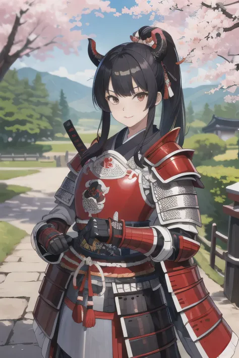 masterpiece, best quality, ultra-detailed, illustration, solo, cowboy shot, 1girl, black hair, red eyes, ((japanese armor, samurai armor)), dragon horns, dragon girl, tied hair, sode, kote, kusazuri, suneate, chest armor, outdoors, scenery, cherry blossoms