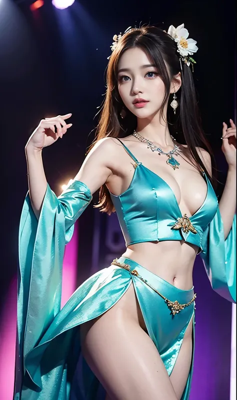 (highest quality, masterpiece, 超A high resolution), whole body、Beautiful legs、Show your shoulders、Hanfu style see-through idol costume、K-POP idol costumes、Stage Costumes、fashion show、bold、innovative、Unconventional、Professional camera work:1.4, Very detaile...