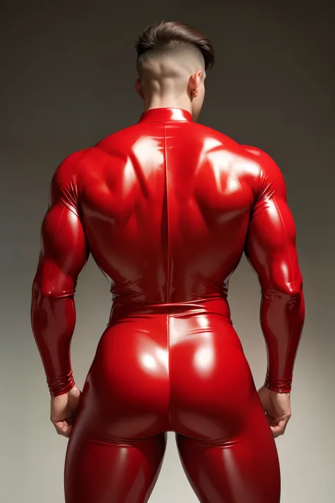 Japan man，man,youth，Best quality, crisp quality, Masterpiece, Highest resolution, Highly detailed, super tight Red latex suit, Handsome muscular young teenage boy, standing backward, showing his huge muscular butt，