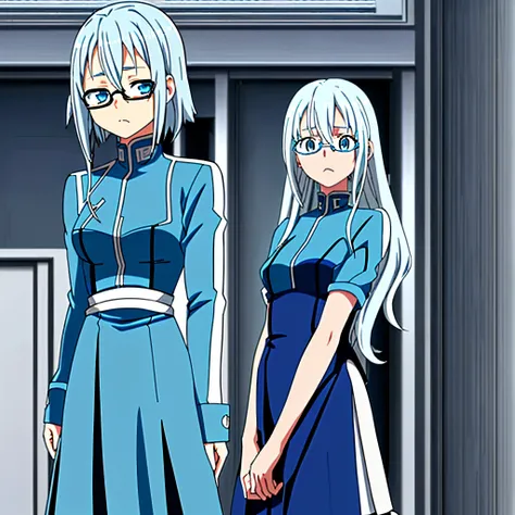 Anime avatar 2D of a 16-year-old girl with short layered white hair with light blue highlights, slightly wavy hair, light blue eyes, with glasses,unifoorme de la UA, estilo boku no hero academy